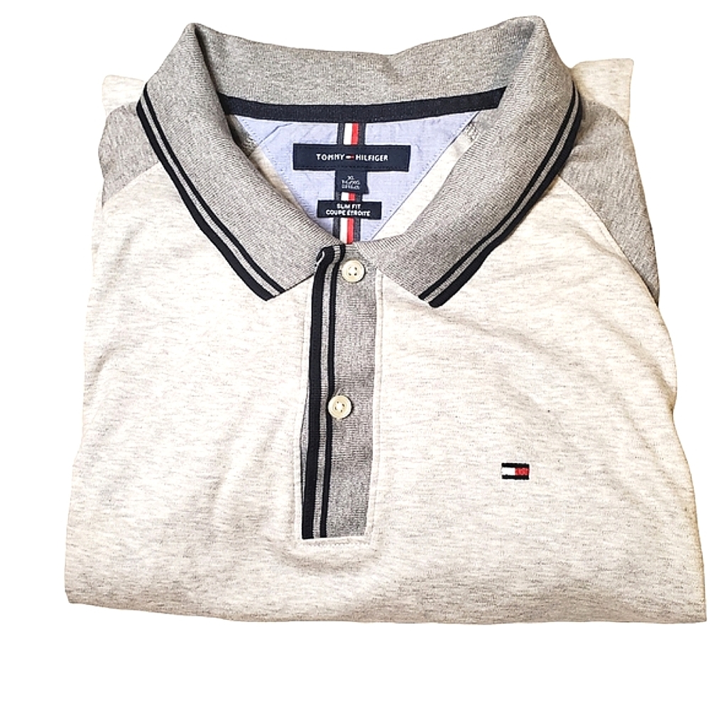 TOMMY HILFIGER | Men's heather grey-toned slim-fit polo shirt. Size XL.